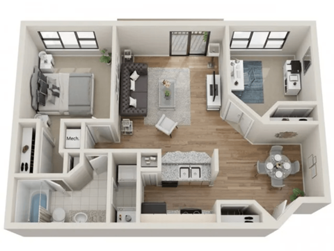 Floor plan for 1 bed, 1 bath, 837 sqft